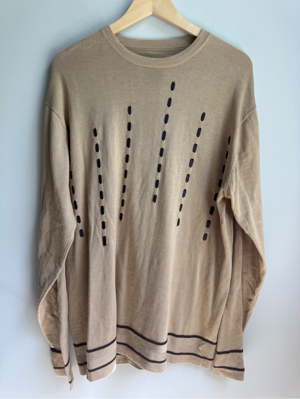 Women's Tan Long Sleeve Tunic with ribbon  threaded Boho Grandma Grandmillenial